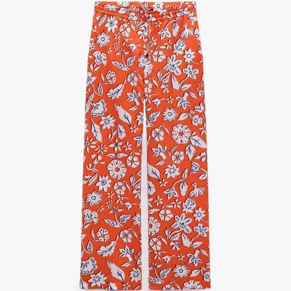 ZARA LINEN BLEND FLORAL PANTS NEW